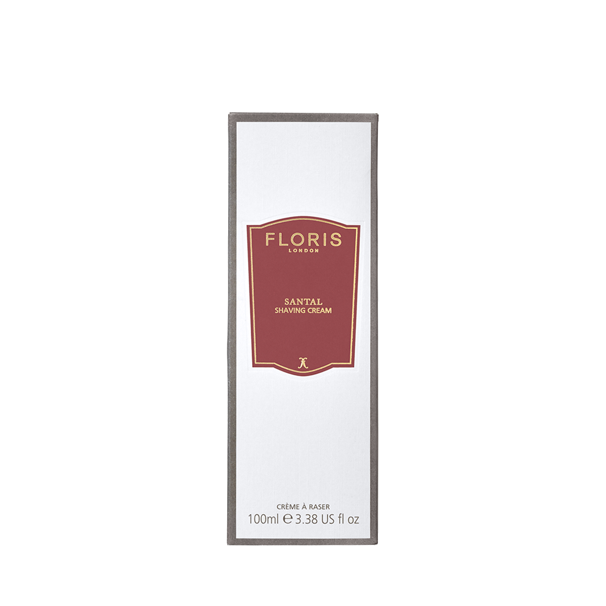 A rectangular box of Floris London UK Santal Shaving Cream, 100ml, for sensitive skin, with a red and gold label on a white background.
