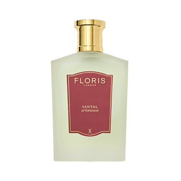 Floris London Santal Aftershave features a frosted glass bottle, gold cap, and red label—crafted with sandalwood for a refined finish.