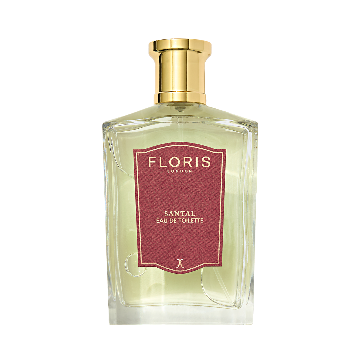 A clear glass bottle of Floris London Santal - Eau de Toilette features a gold cap, red label, and reveals its distinctive woody amber scent.