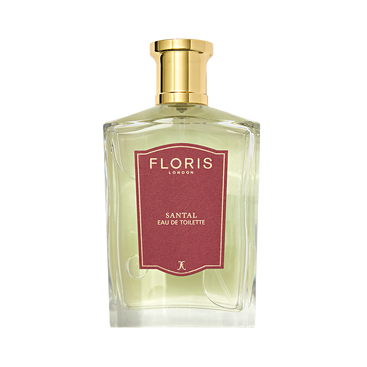 A clear glass bottle of Floris London Santal - Eau de Toilette features a gold cap, red label, and reveals its distinctive woody amber scent.