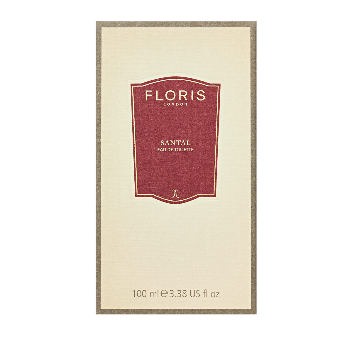 A beige and tan box of Floris London Santal Eau de Toilette, a men’s woody amber scent, 100ml (3.38 US fl oz).