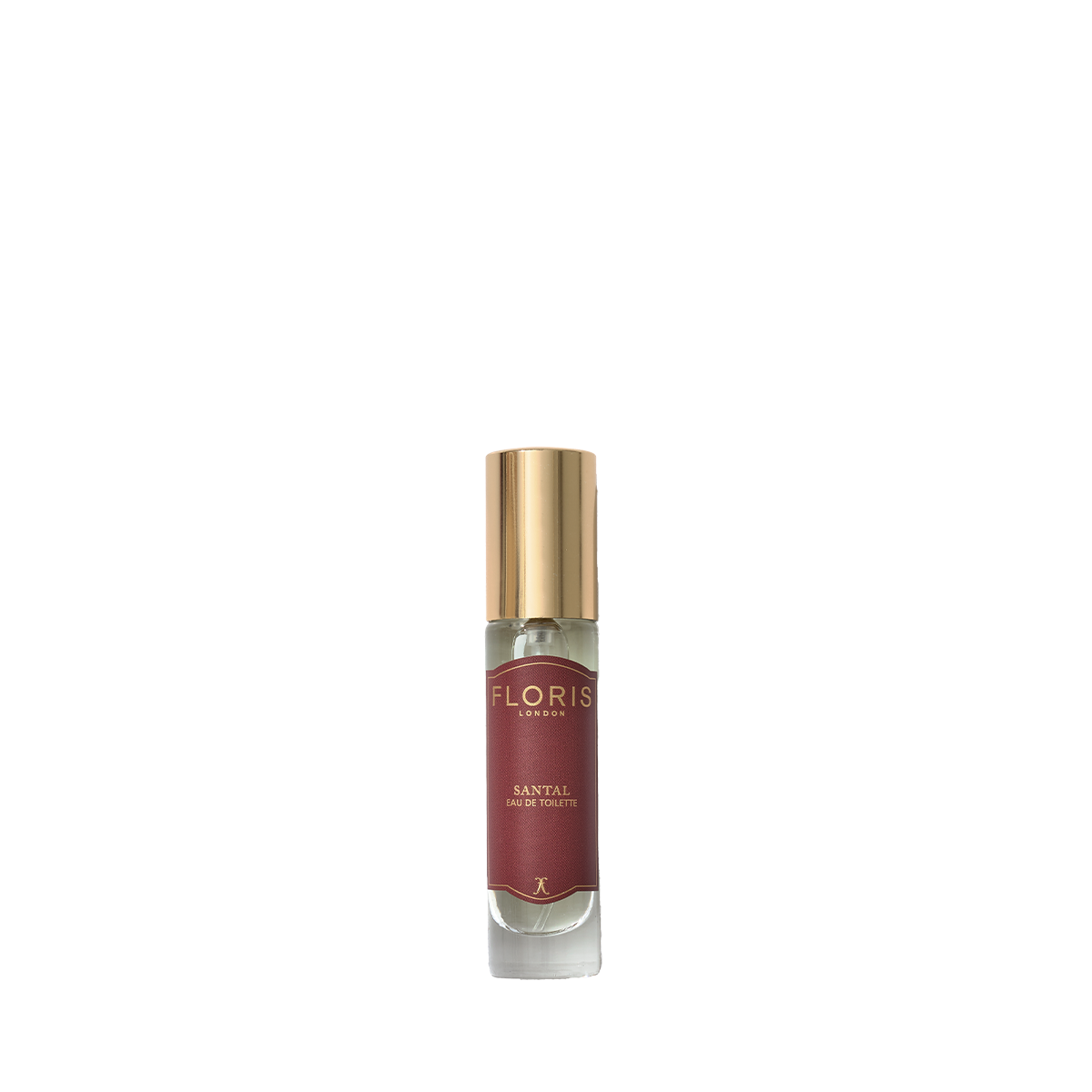 A small clear glass bottle of Floris London Santal - Eau de Toilette with gold cap and red label, shown on a white background.