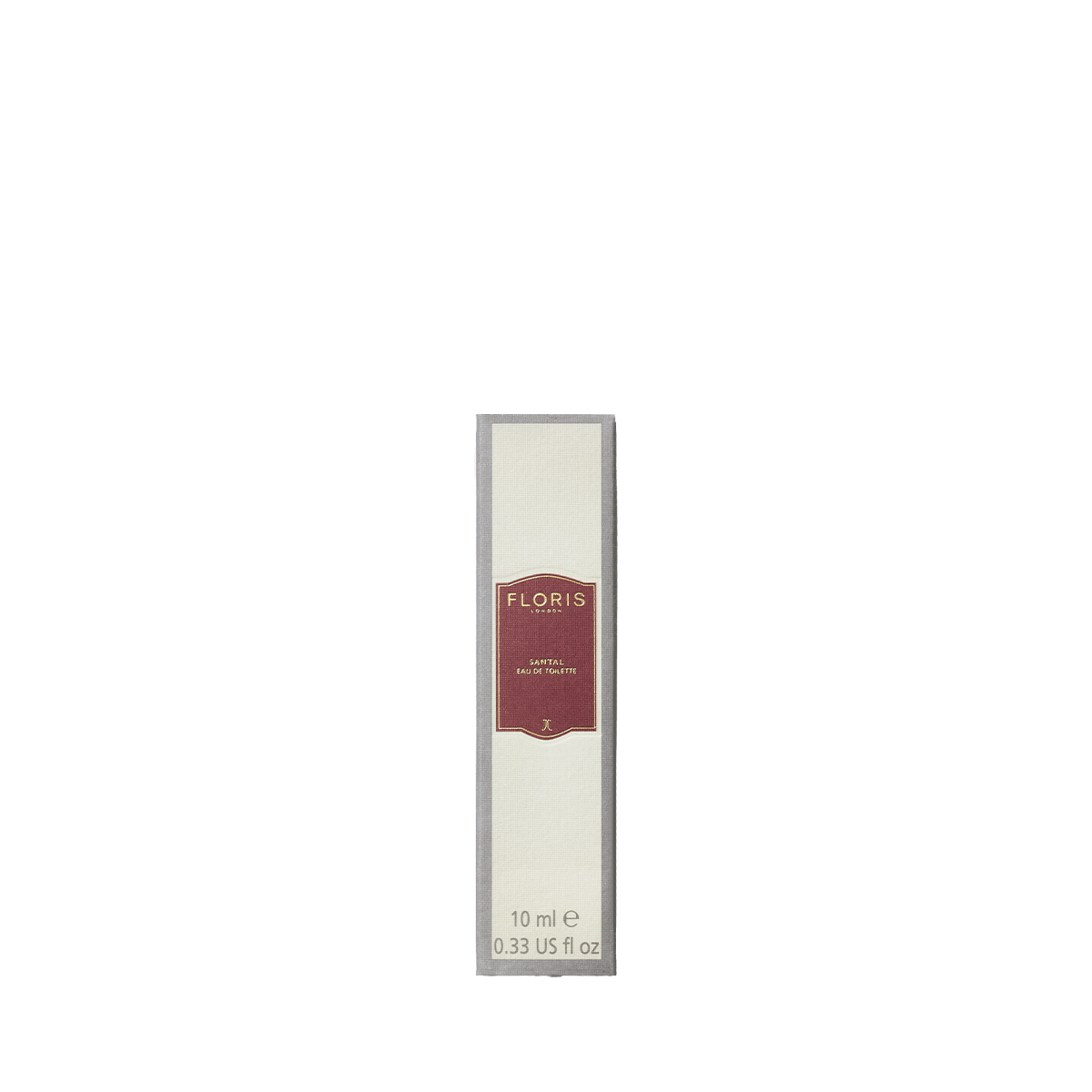 A 10 ml bottle of Floris London Santal Eau de Toilette, a men’s woody amber scent, shown in a cream and red box on a white background.
