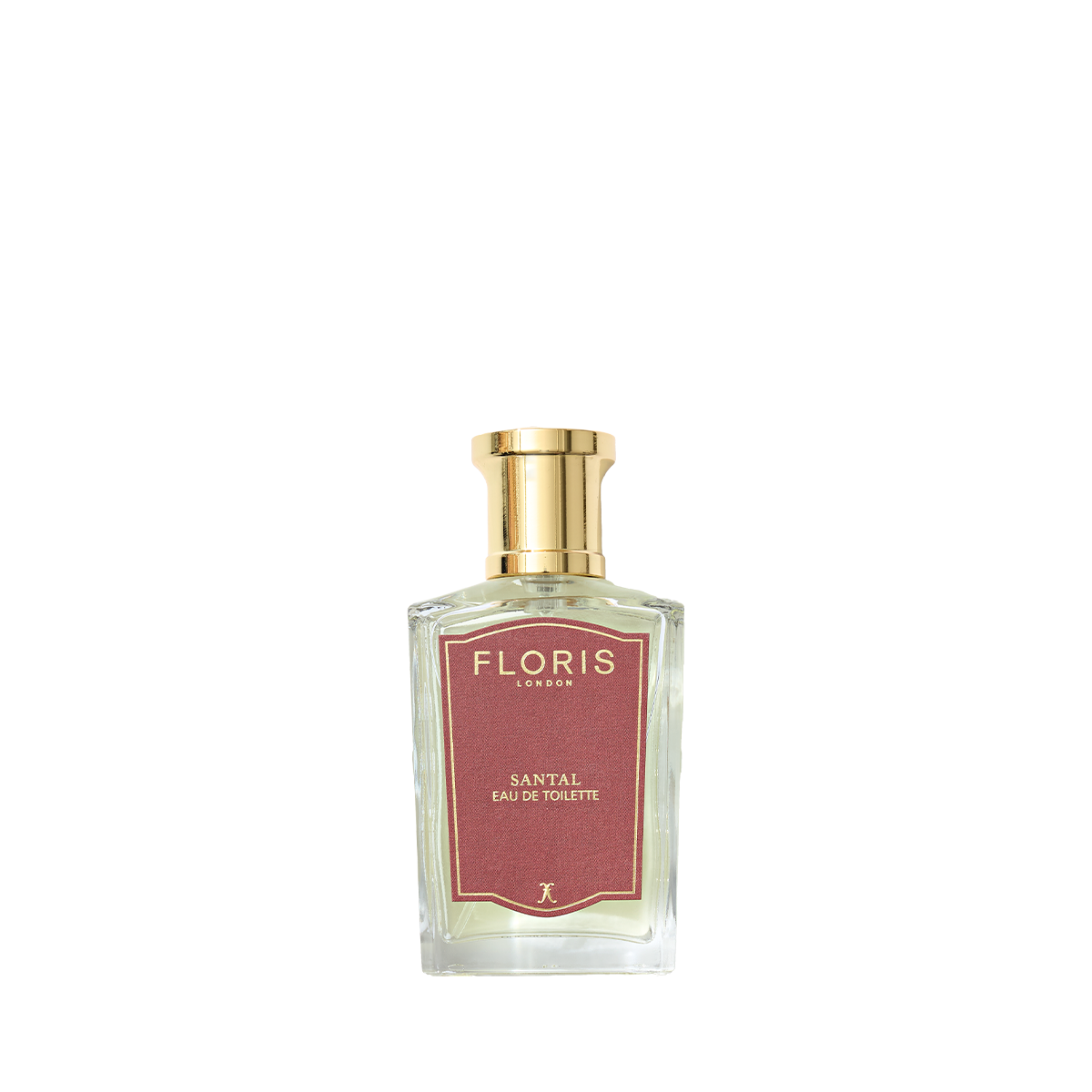 A clear glass bottle of Floris London Santal - Eau de Toilette, a men’s woody amber fragrance, displayed against a plain white background.