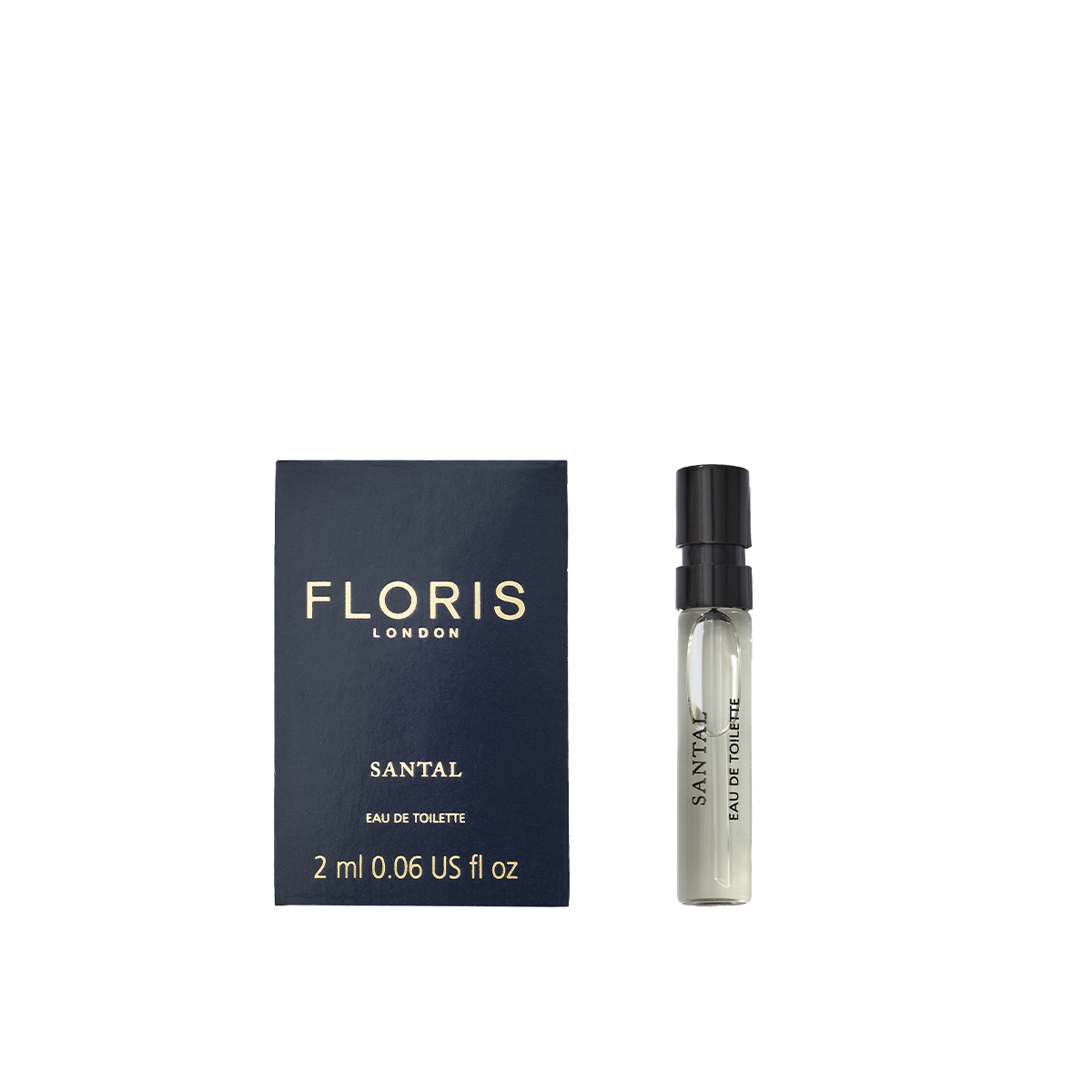 A 2 ml sample vial of Floris London Santal Eau de Toilette, a men’s sandalwood fragrance, is pictured alongside its blue box.