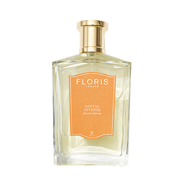 A clear glass bottle of Floris London Santal Intense Eau de Parfum, a men’s woody oriental scent, finished with a gold cap.