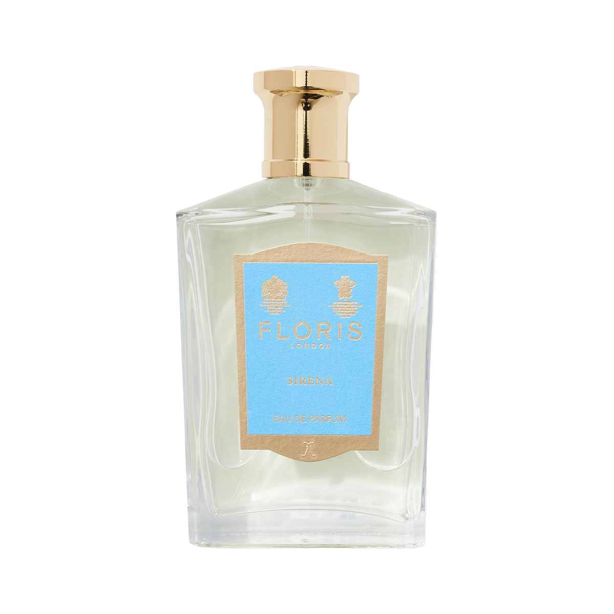 Floris London Sirena - Eau de Parfum in a clear glass bottle with a gold cap and light blue label; fresh tropical floral scent on white background.