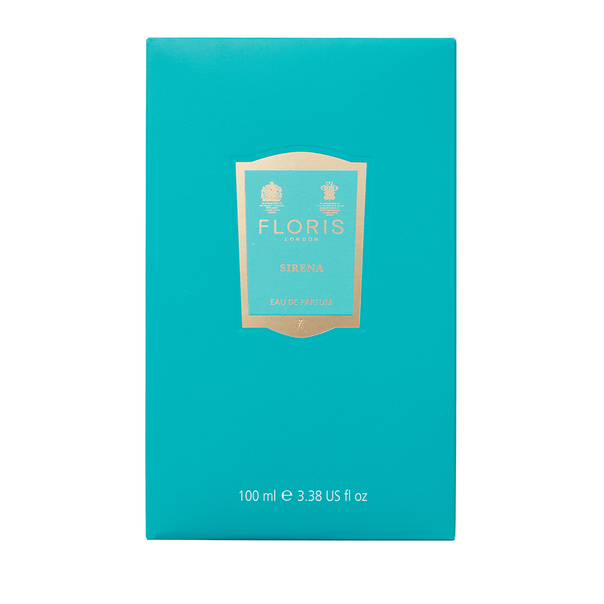 Teal box of Floris London Sirena - Eau de Parfum (100ml), gold and white label, with a fresh floral scent and bergamot notes.