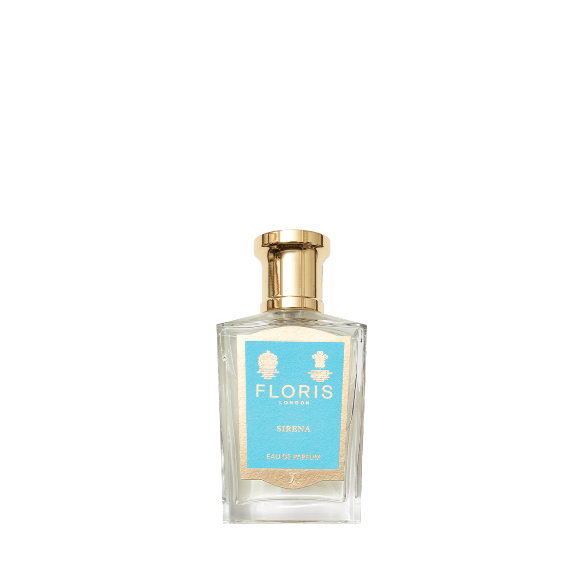 A clear glass bottle of Floris London Sirena - Eau de Parfum features a blue label, gold cap, and a fresh floral scent with jasmine and bergamot notes.