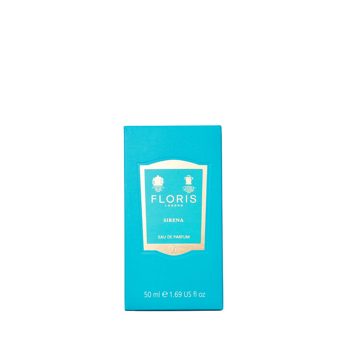 A turquoise box of Floris London Sirena - Eau de Parfum, a fresh floral scent with tropical notes, 50 ml (1.69 US fl oz), gold and white label.