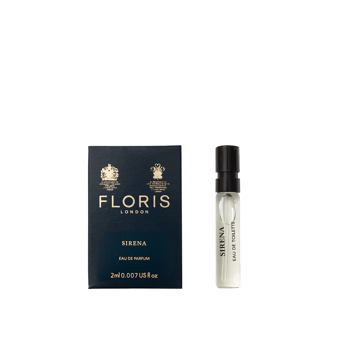 A 2ml sample vial of Floris London Sirena Eau de Parfum, a fresh floral scent with tropical notes, is displayed by its blue and gold box.
