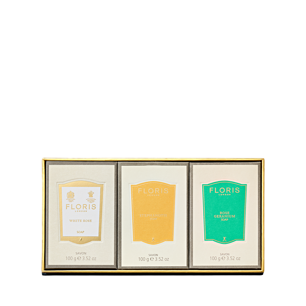 The Floris London EU Soap Collection | For Her features three signature floral soaps elegantly presented in a white box for a luxurious experience.