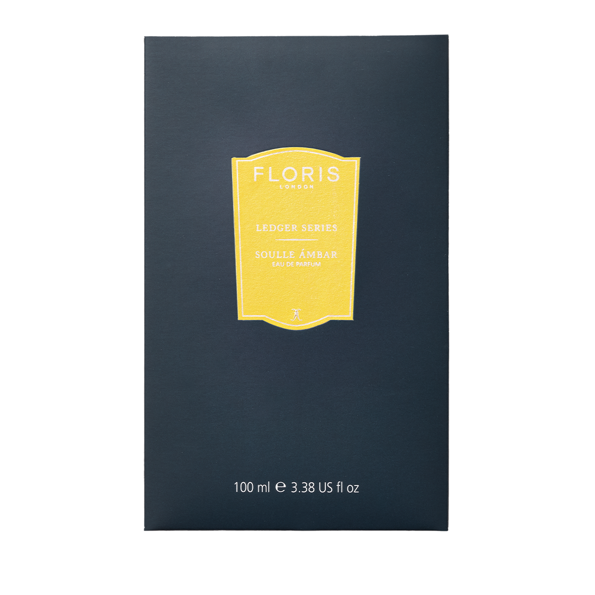 A dark blue Floris London EU Soulle Ámbar box with a yellow label, featuring 100 ml eau de parfum in a rich amber scent.