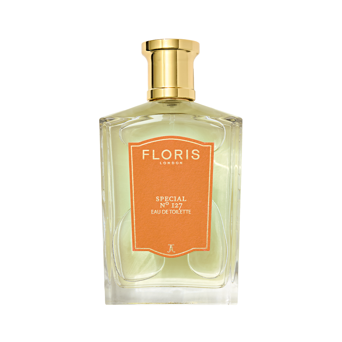 A clear glass bottle of Floris London Special No. 127 Eau de Toilette, a citrus floral scent, with a gold cap and orange label on white.