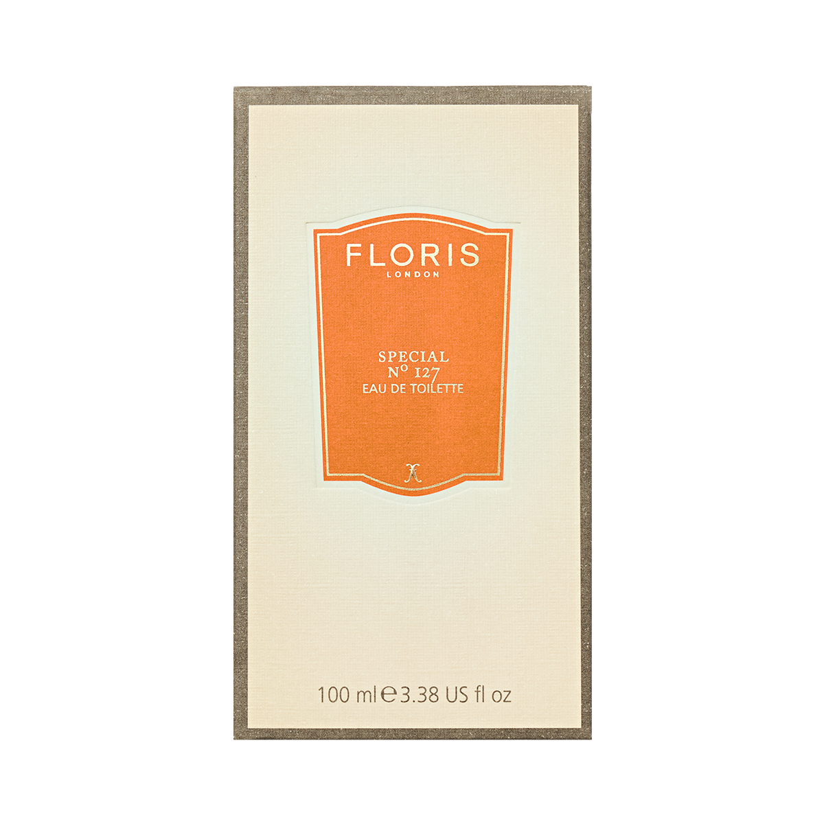 Rectangular beige box with an orange label for Floris London Special No. 127 Eau de Toilette, a classic citrus floral scent in 100ml.
