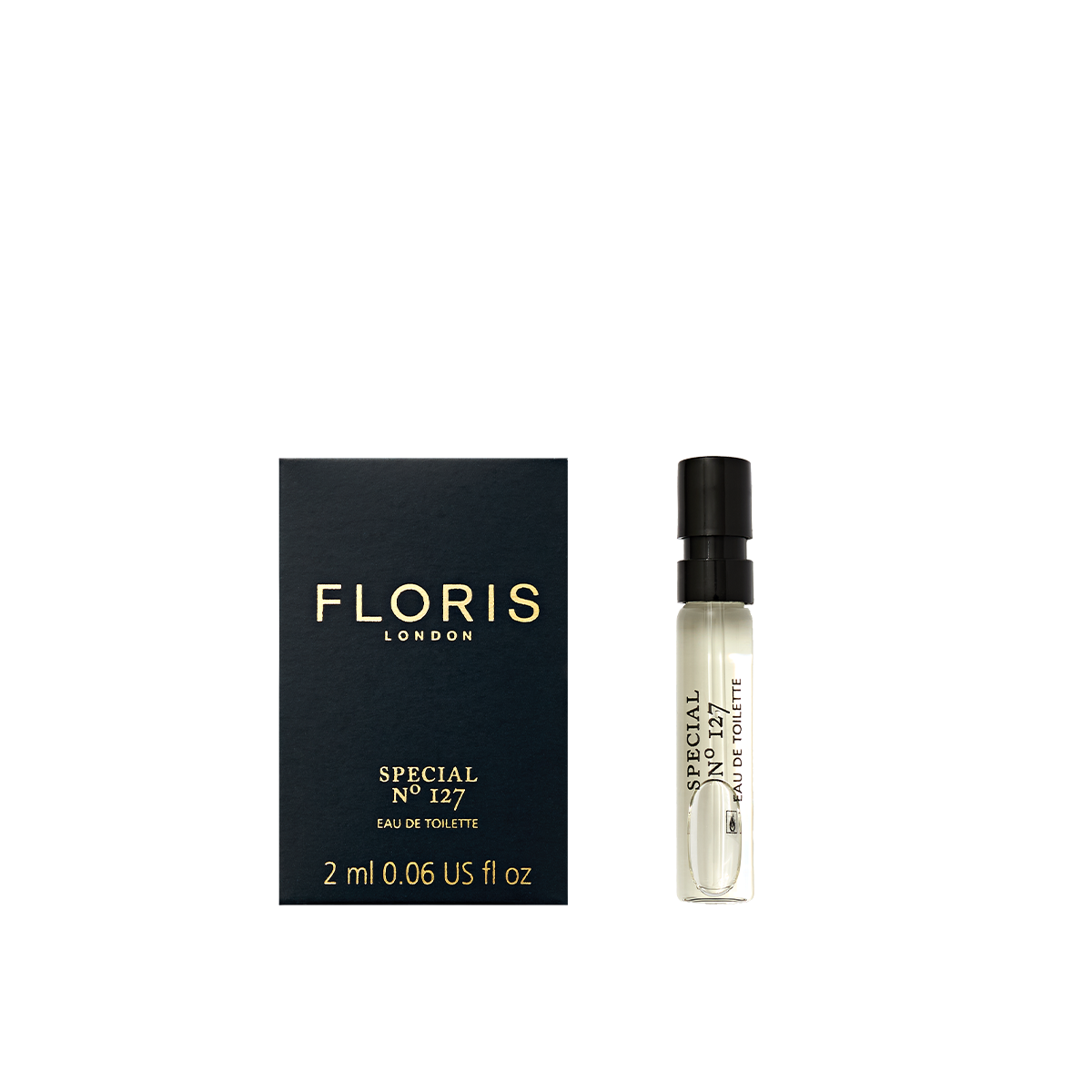 A 2 ml Floris London Special No. 127 Eau de Toilette sample vial, a citrus floral scent, displayed with its black and gold box.
