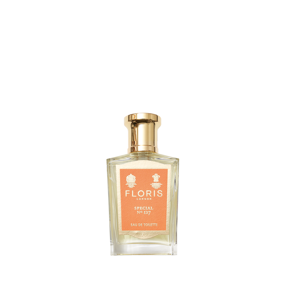 A clear glass bottle of Floris London Special No. 127 Eau de Toilette is shown against a plain white background.