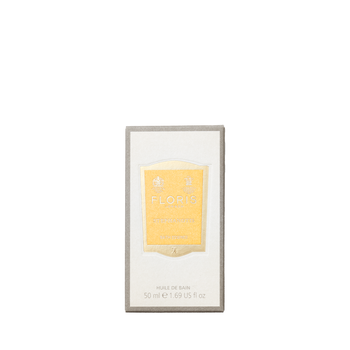 Rectangular box of Floris London Stephanotis Bath Essence, 50 ml (1.69 US fl oz), with a yellow label on a white background.