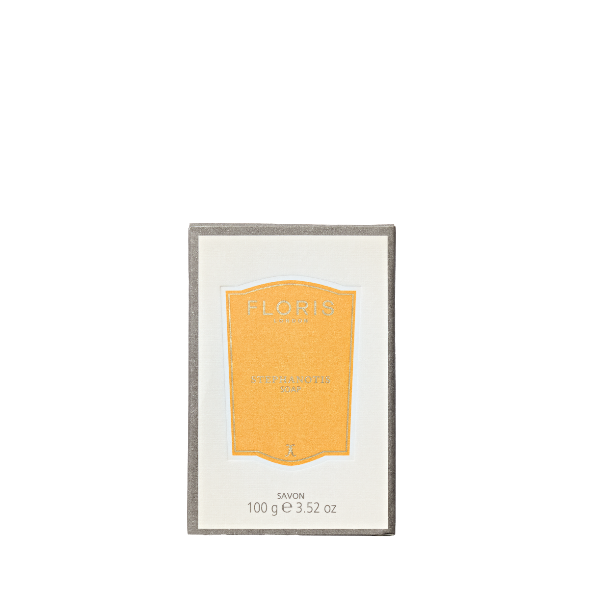 A 100g rectangular box of Floris London EU Stephanotis Soap, finely milled and fragranced, features an orange and white design.