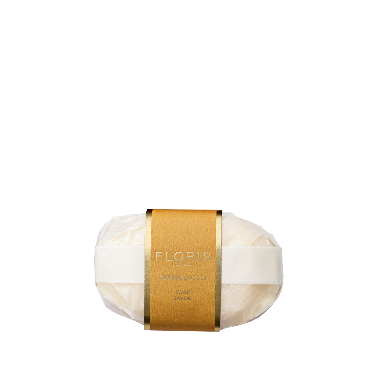 Stephanotis Soap by Floris London EU: a white, finely milled fragranced soap in clear plastic with a gold label and white band, on a plain background.