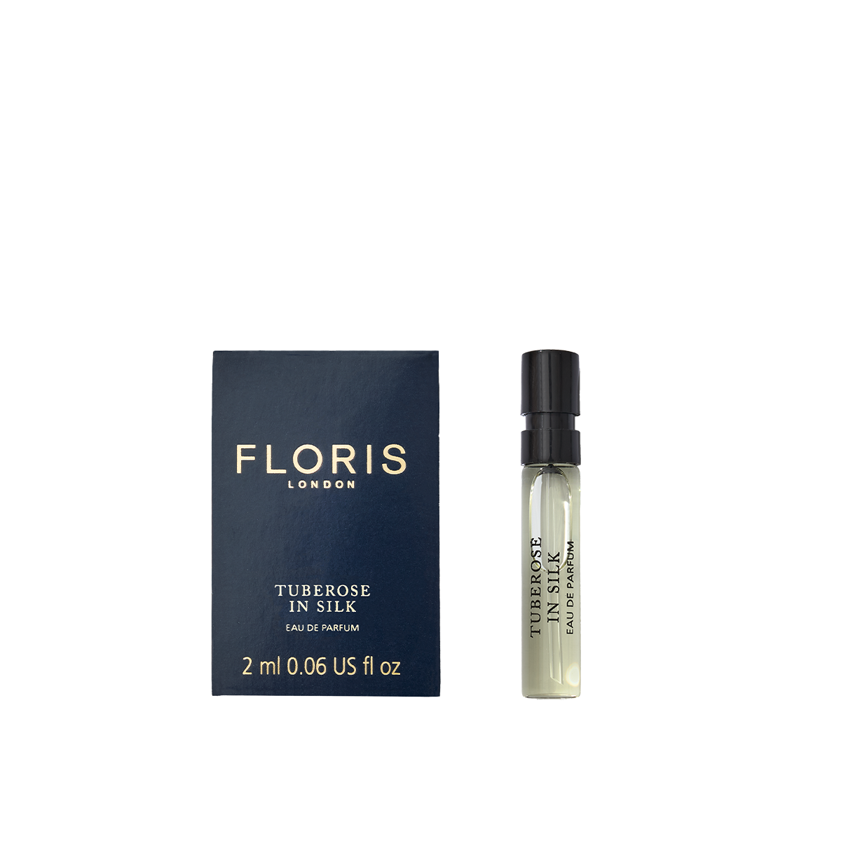 A small blue Floris London box sits beside a 2 ml spray vial of Tuberose in Silk - Eau de Parfum, showcasing this elegant fragrance.