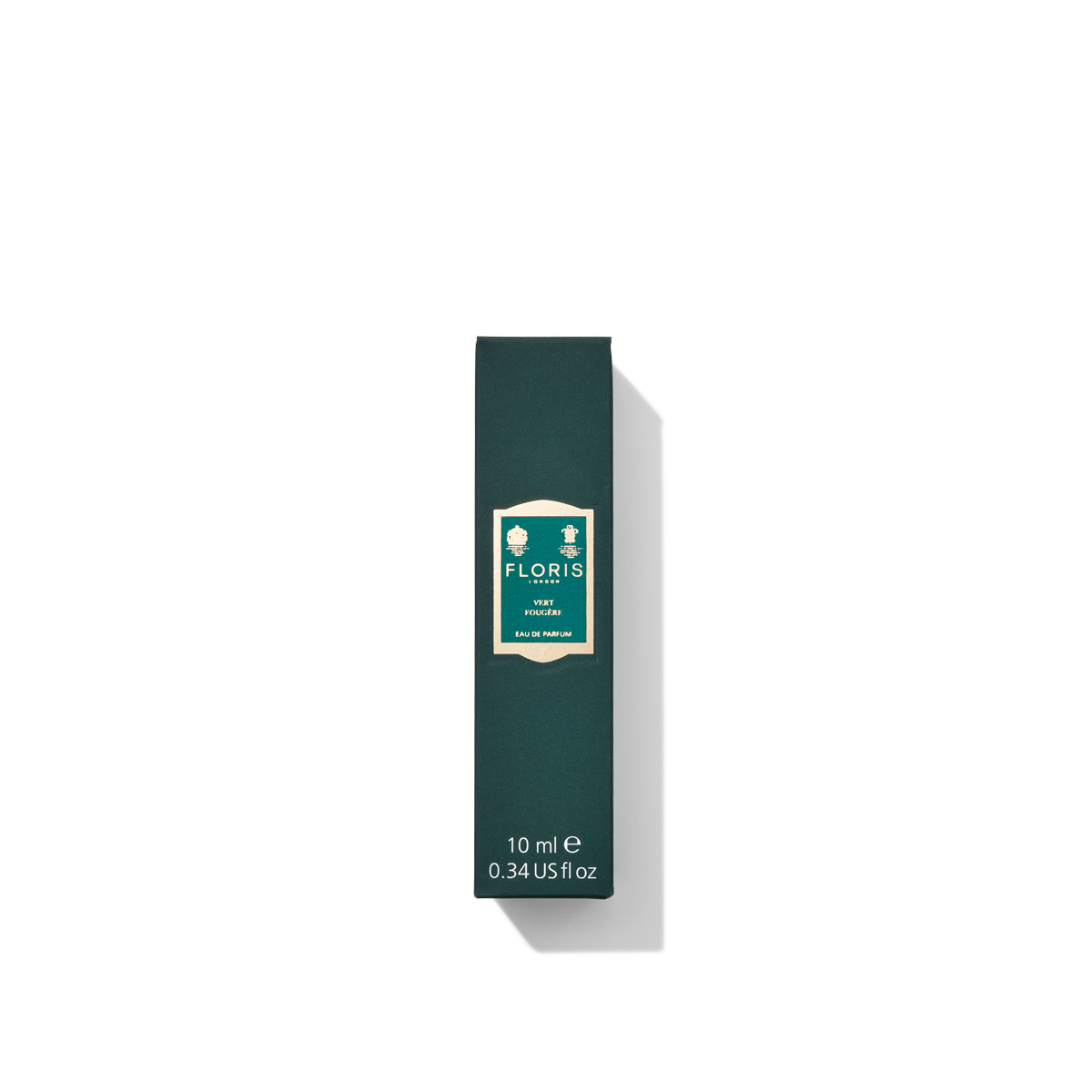 Green box of Floris London Vert Fougère - Eau de Parfum, 10 ml (0.34 US fl oz), with a white and gold label.