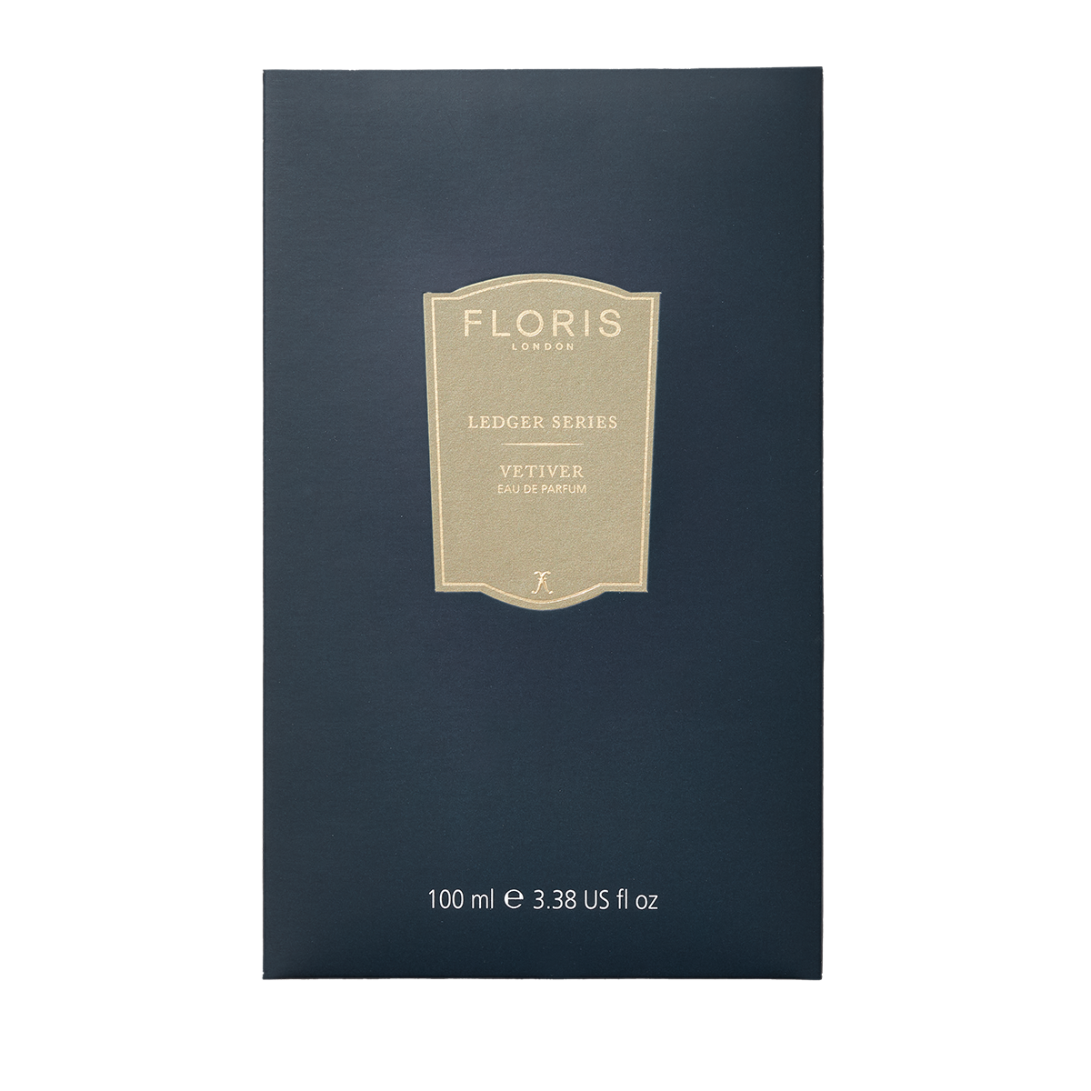 Navy blue box with gold label reading "Floris London EU Vetiver"—a long-lasting vetiver fragrance—100ml e 3.38 US fl oz.