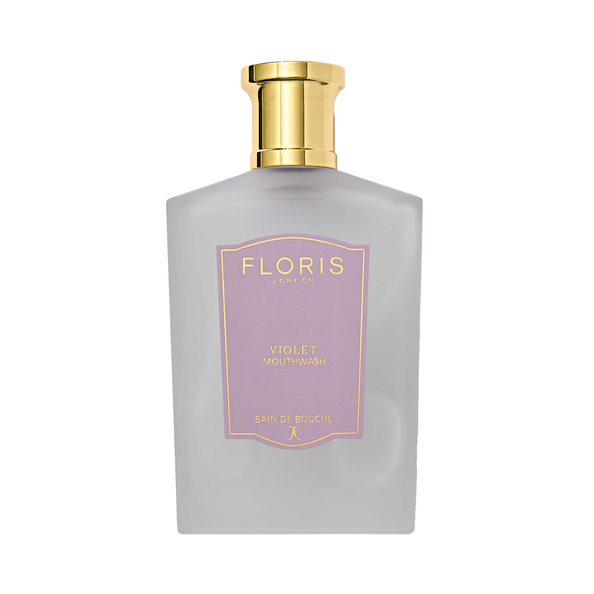 A frosted bottle of Floris London Violet - Mouthwash with a gold cap and lavender-gold label offers an ultimate touch of luxury to your routine.