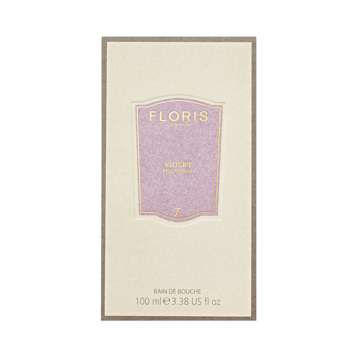 A 100 ml rectangular box of Floris London Violet - Mouthwash with a purple label and gold text contains concentrated luxury mouthwash.