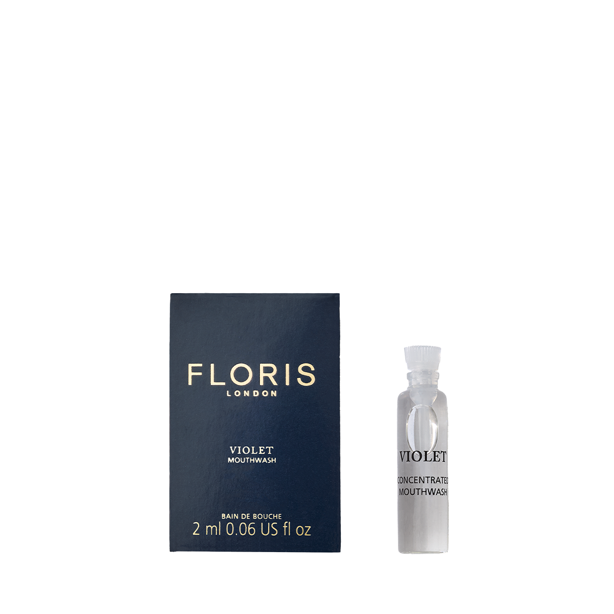 A small dark blue Floris London Violet Mouthwash box sits beside a clear 2ml vial labeled "Violet - Mouthwash.