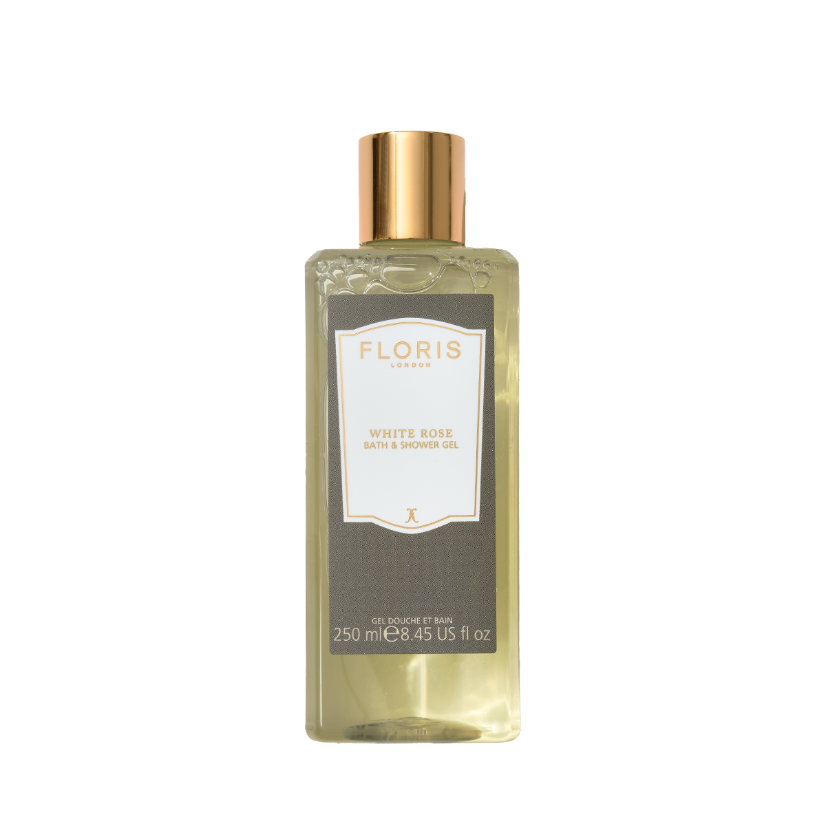 A 250 ml clear bottle of Floris London White Rose - Moisturising Bath & Shower Gel with a floral scent and gold cap sits against a white background.