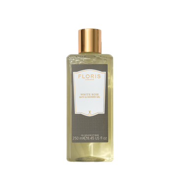 A 250 ml clear bottle of Floris London White Rose - Moisturising Bath & Shower Gel with a floral scent and gold cap sits against a white background.