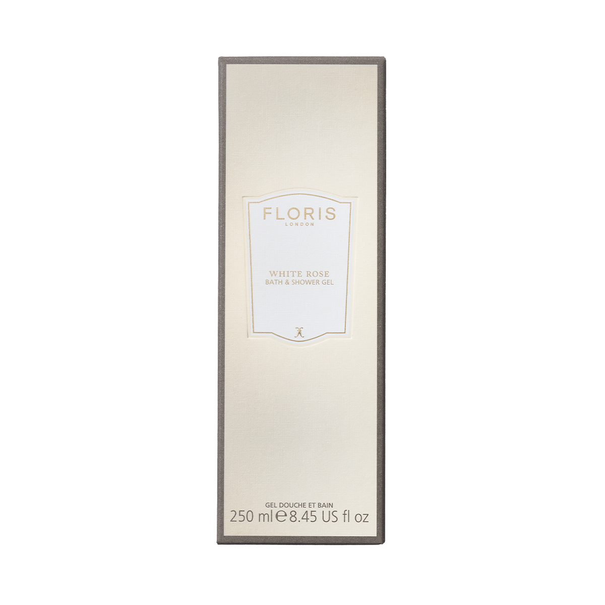 A rectangular box of Floris London White Rose - Moisturising Bath & Shower Gel, 250ml, with a floral scent and minimalist cream and grey design.