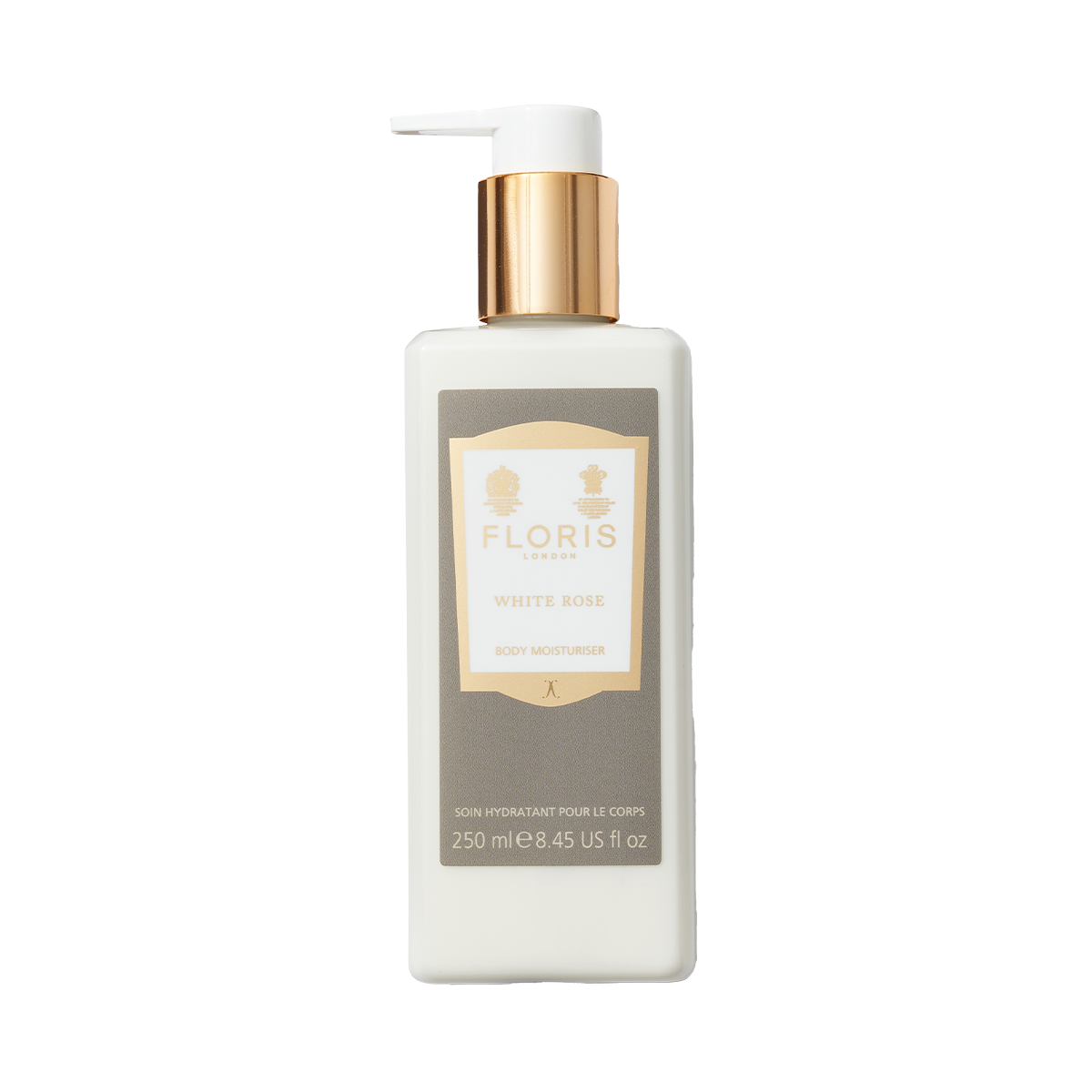 A 250ml rectangular Floris London White Rose - Enriched Body Moisturiser with sweet almond oil, gold accents, and a pump dispenser.