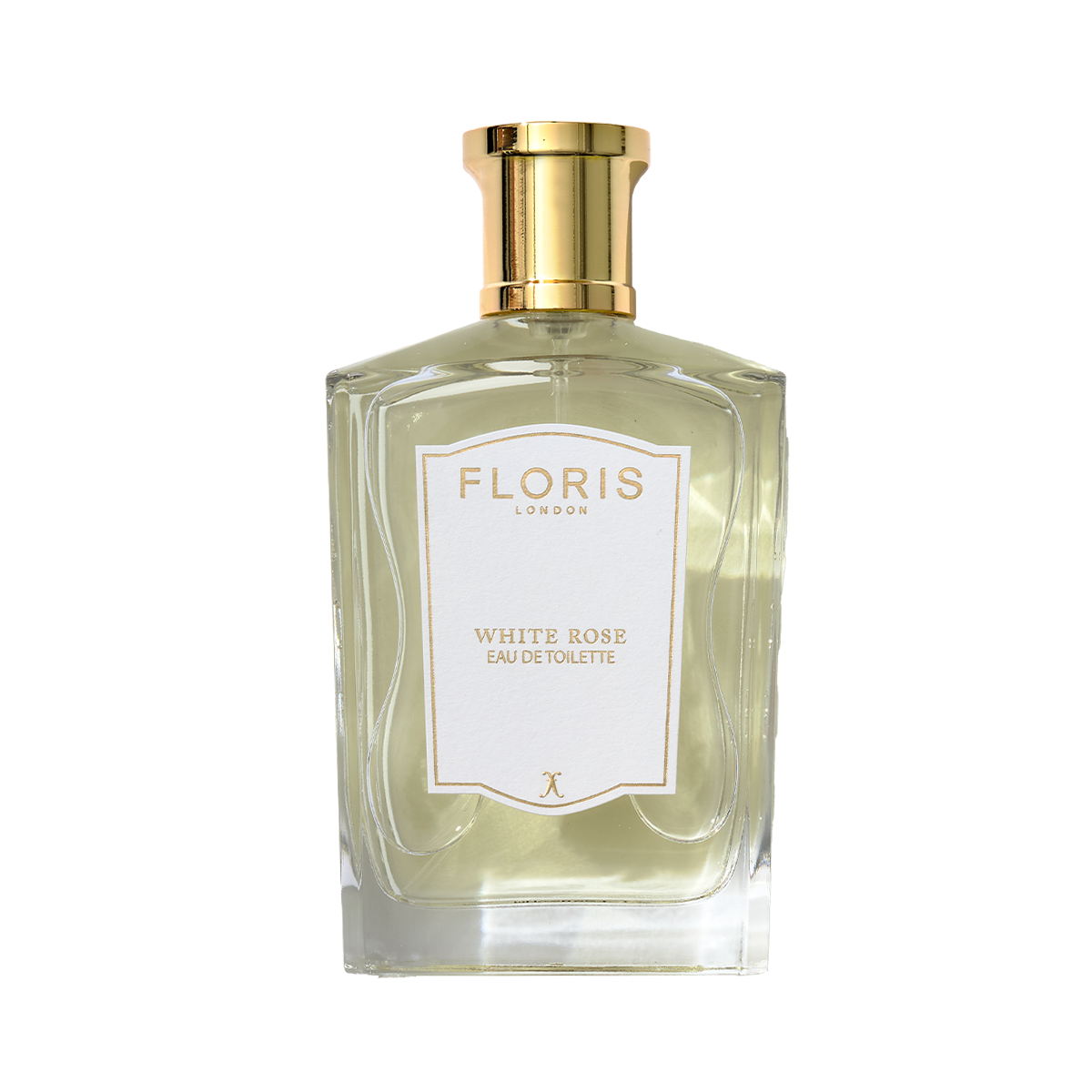 A clear glass bottle of Floris London White Rose - Eau de Toilette, a vegan fragrance with a gold cap and white label, photographed on a light background.