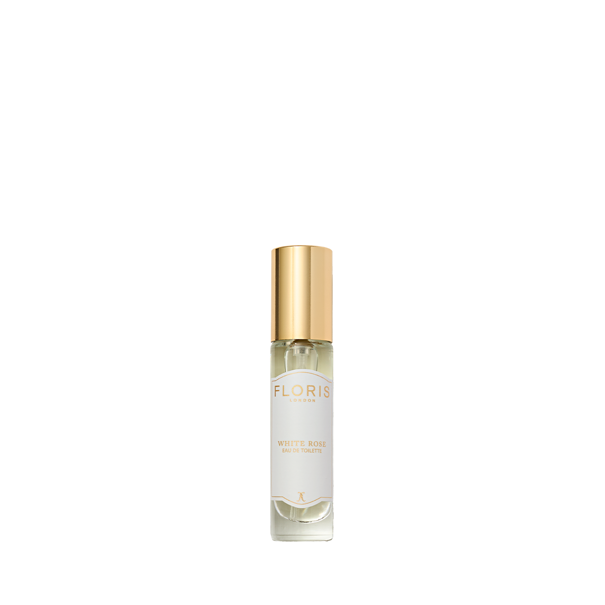 A small glass bottle of Floris London White Rose - Eau de Toilette, a vegan perfume with a gold cap, shown against a plain white background.