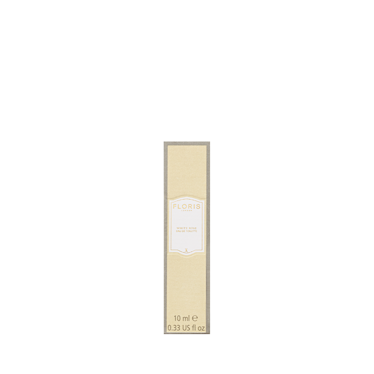 A beige rectangular box of Floris London White Rose Eau de Toilette, 10 ml, stands upright against a white background—an elegant Mayfair fragrance.