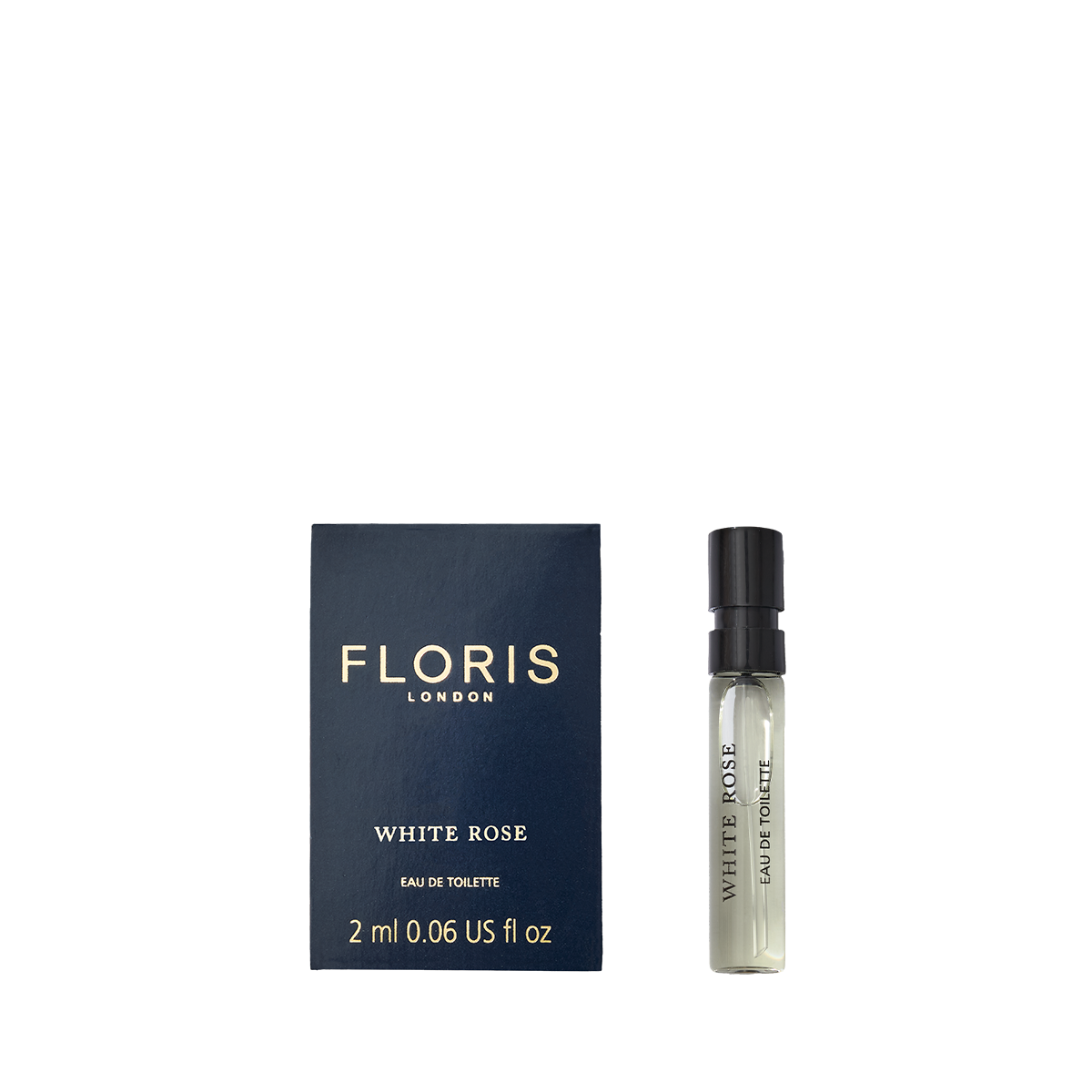 A Floris London White Rose - Eau de Toilette 2 ml glass spray vial sits beside its blue box, showcasing this classic Mayfair London fragrance.