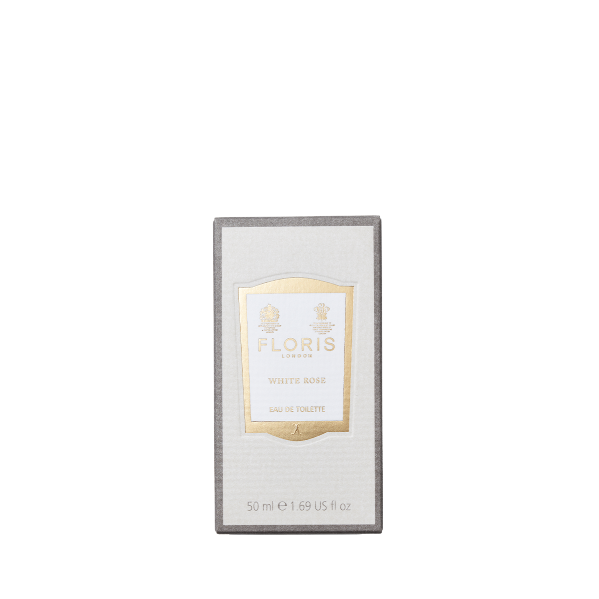 A box of Floris London White Rose - Eau de Toilette with a white and gold label shown against a light gray background.