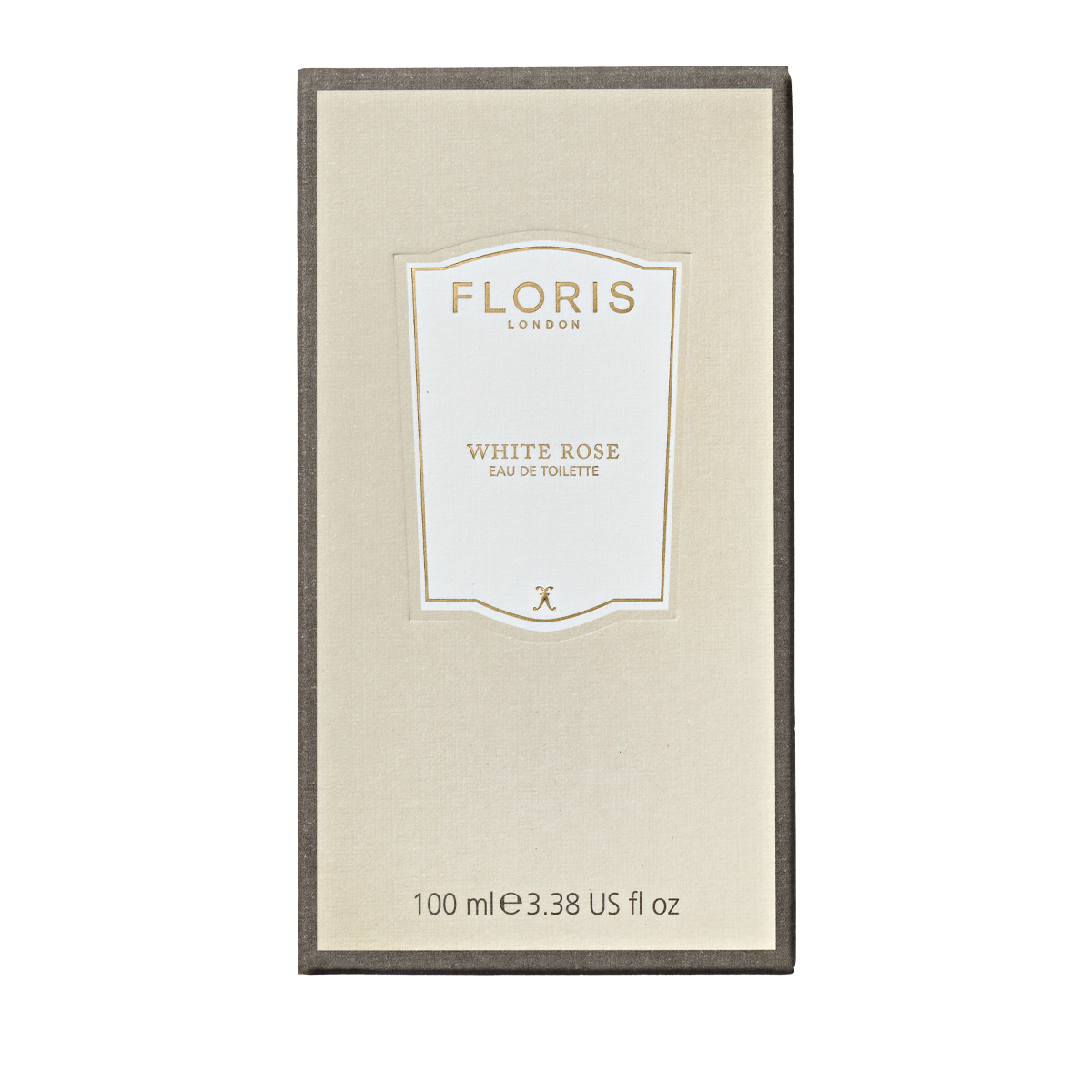 Beige rectangular box of Floris London White Rose - Eau de Toilette, 100ml, a refined vegan scent with an elegant gold and white front label.