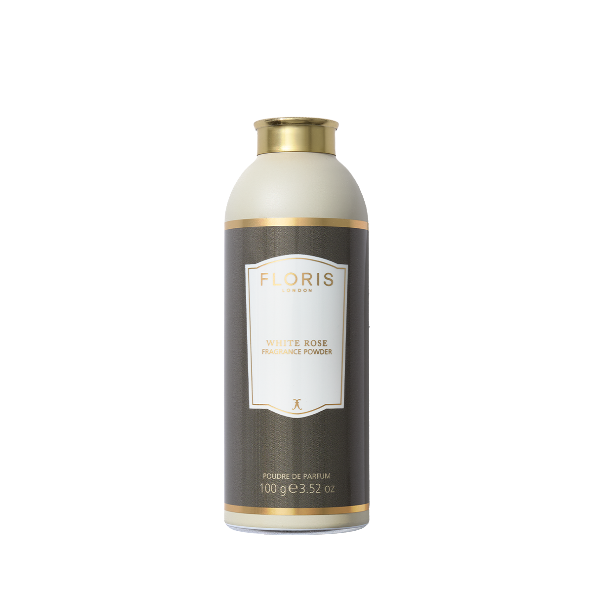 A 100g cylindrical container of Floris London EU White Rose - Fragrance Powder with a gold cap and gray-and-white label, shown on white background.