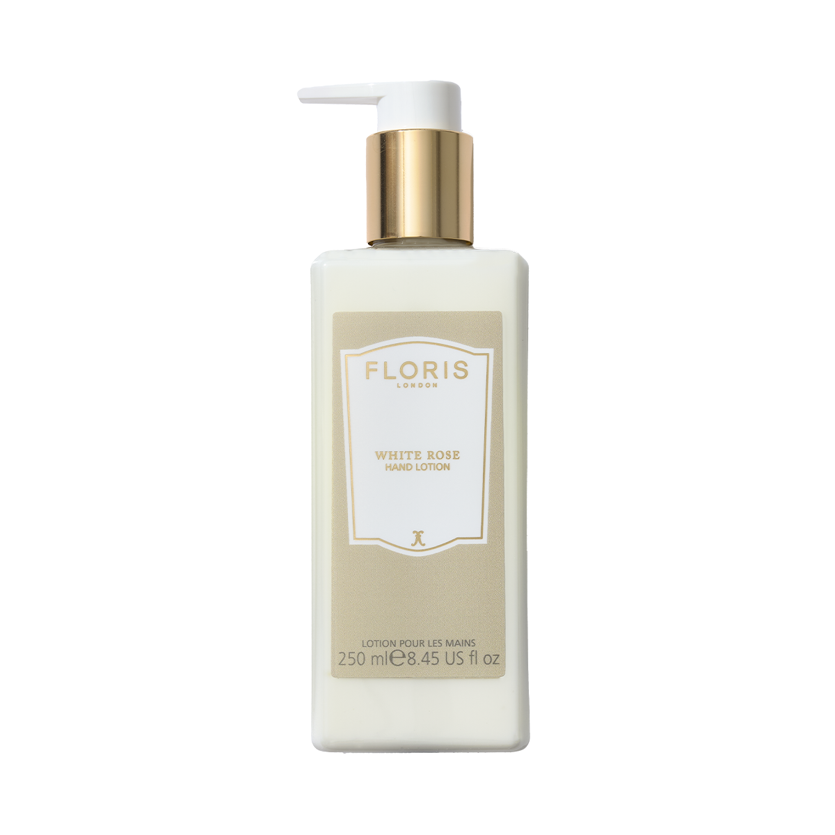 Floris London EU White Rose Hand Lotion, 250ml (8.45 fl oz), rectangular bottle with gold pump, enriched with sweet almond oil for dry skin.