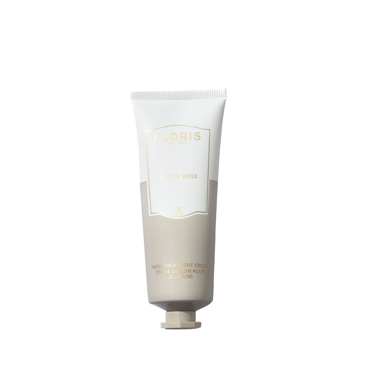 A tube of Floris London EU White Rose - Hand Treatment Cream for very dry hands stands upright against a plain white background.