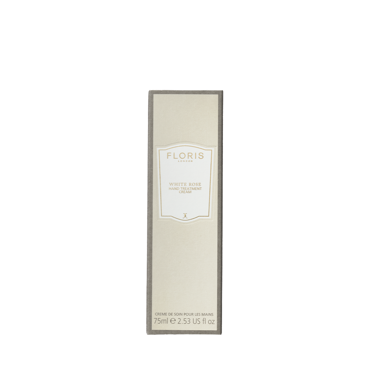 A rectangular box of Floris London EU White Rose - Hand Treatment Cream, a luxury cream for very dry hands, with a minimal white and beige design.