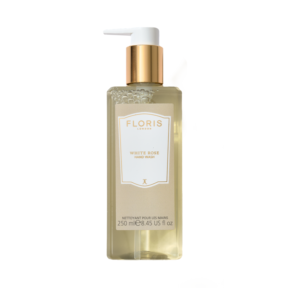 A clear plastic 250 ml pump bottle of Floris London EU White Rose - Hand Wash features a gentle formula with coconut olive and a gold-colored pump.