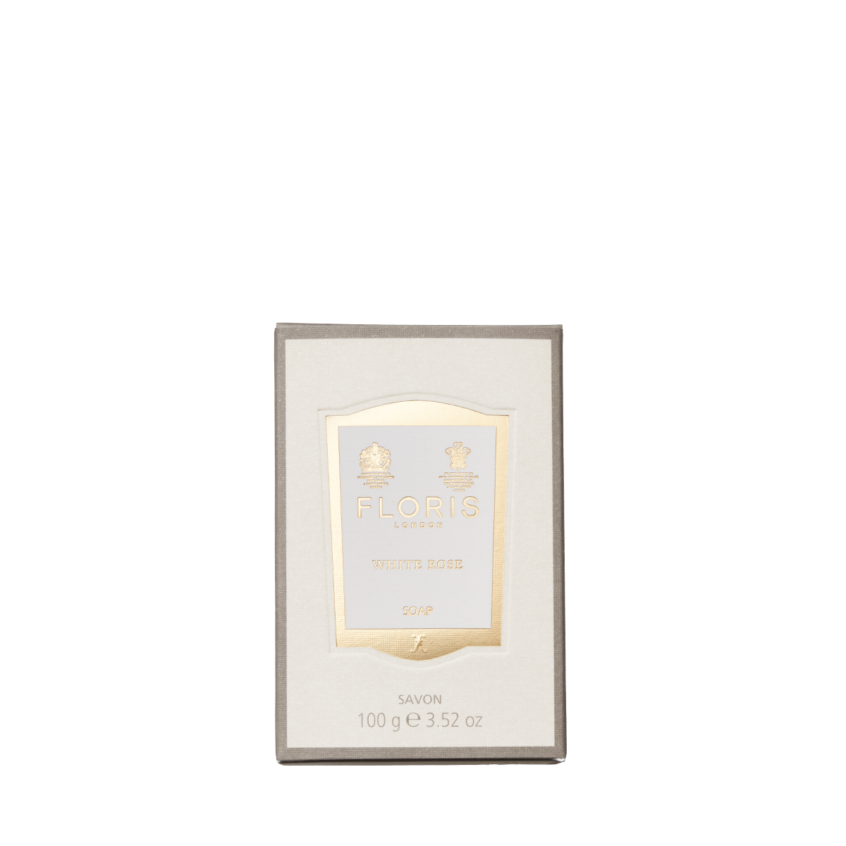 A 100g Floris London EU White Rose Soap bar, enriched with shea butter and featuring a cream and gold label on a light background.