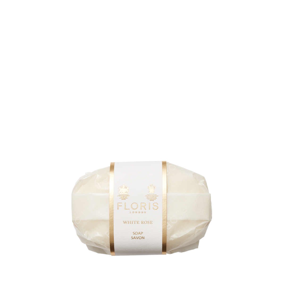 A Floris London EU White Rose Soap bar with shea butter, wrapped in translucent paper with a gold label, set against a plain white background.