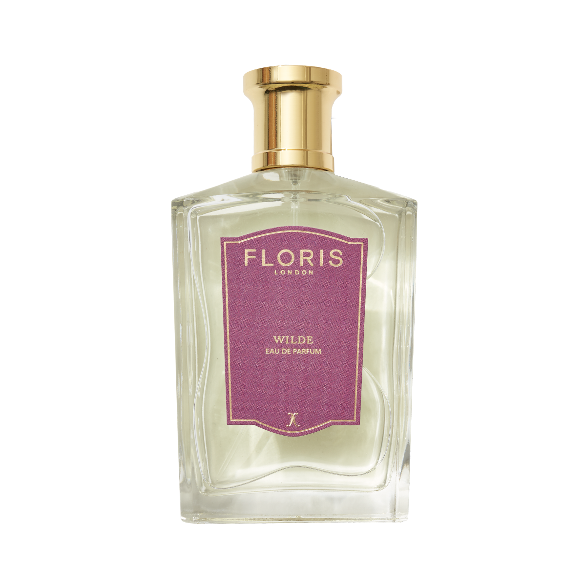A clear glass bottle of Wilde - Eau de Parfum by Floris London EU, with a gold cap and purple label, displayed against a crisp white background.