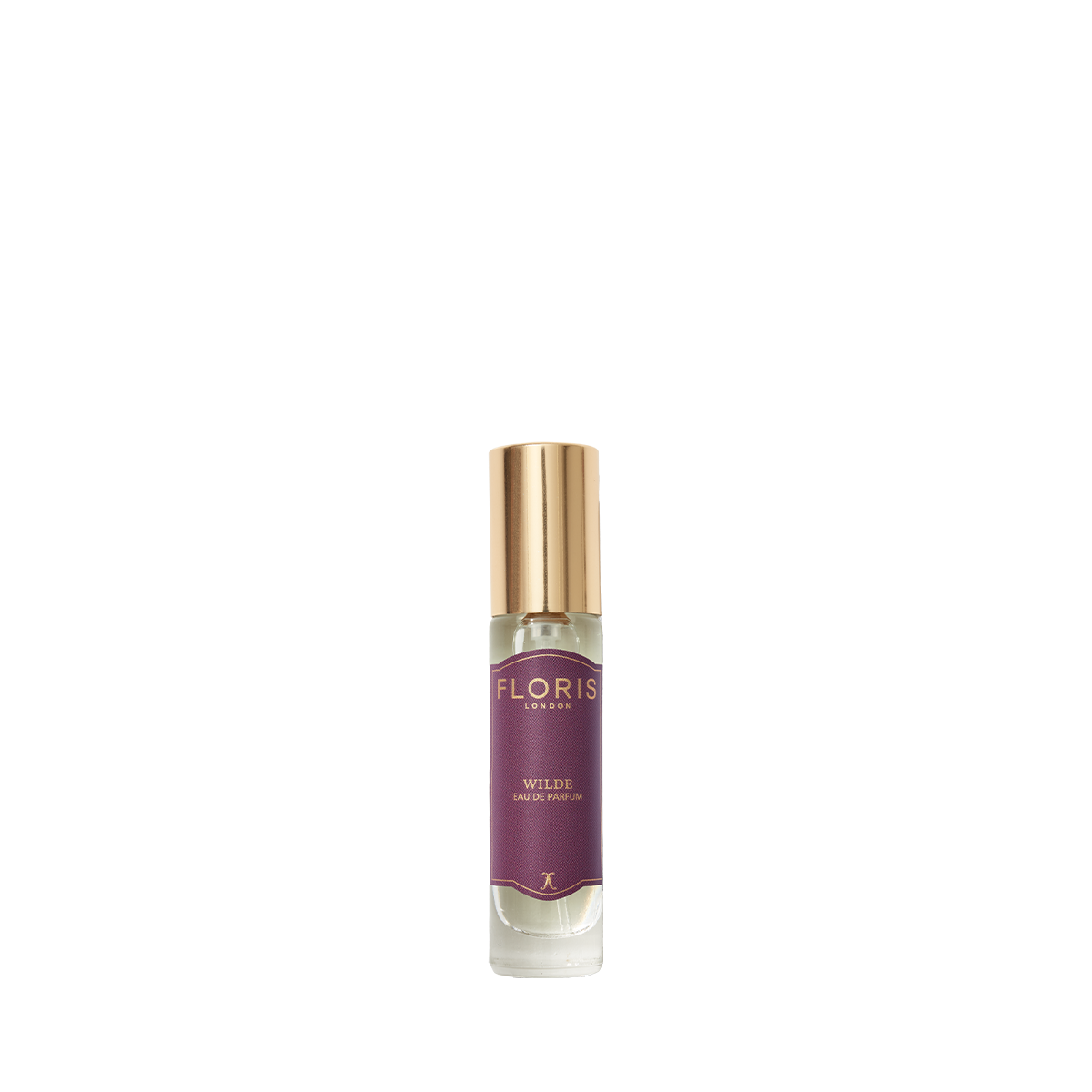 A small glass bottle of Floris London EU Wilde - Eau de Parfum with a gold cap and purple label, displayed elegantly on a plain white background.