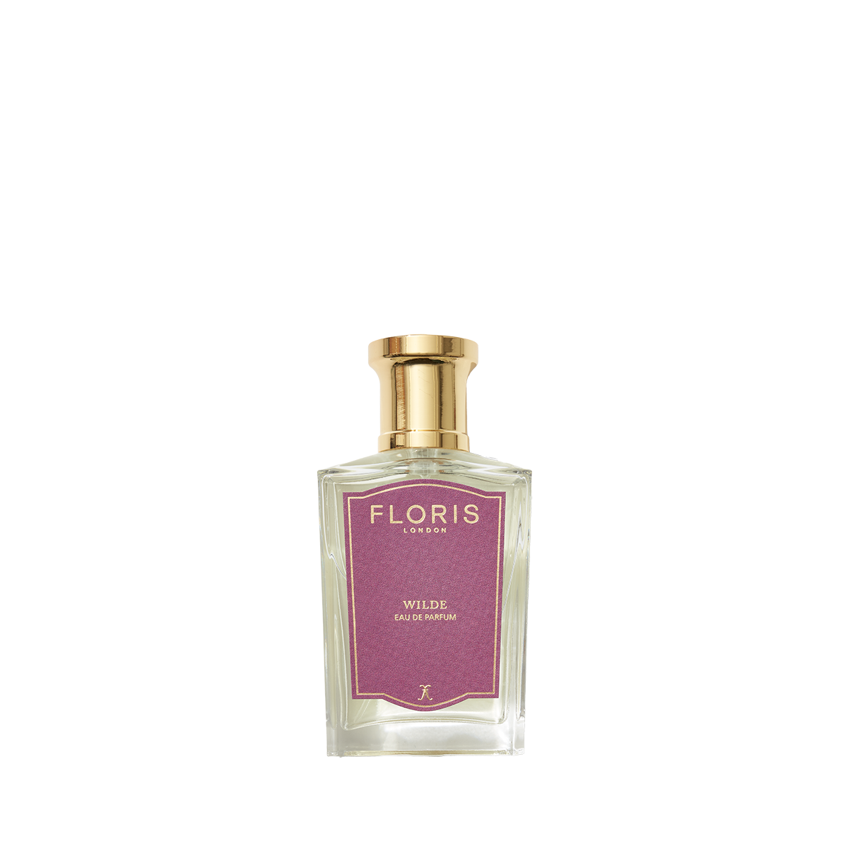 A clear glass bottle of Wilde - Eau de Parfum by Floris London EU, featuring a gold cap and purple label, displayed on a plain white background.